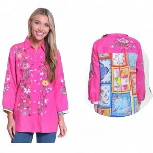 ▶️ John Mark ◀️ Linen Embroidered Patchwork Print Button Down Top Large